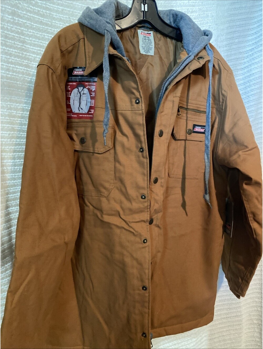Men "Dickies"' caramel colored, snaps, jacket with hoodie. Size Med. NWOT